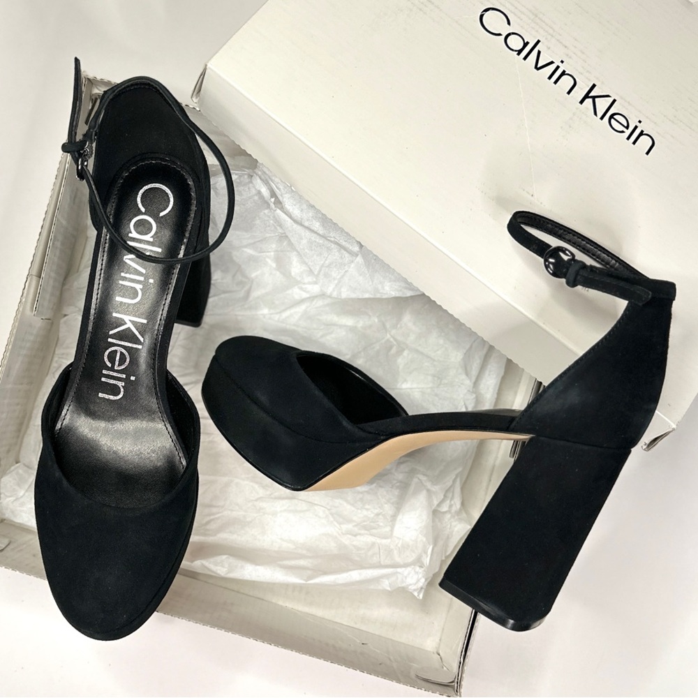 NIB Calvin Klein Sabin Block Heel Pumps in Black Suede - Women's Size 8.5 M